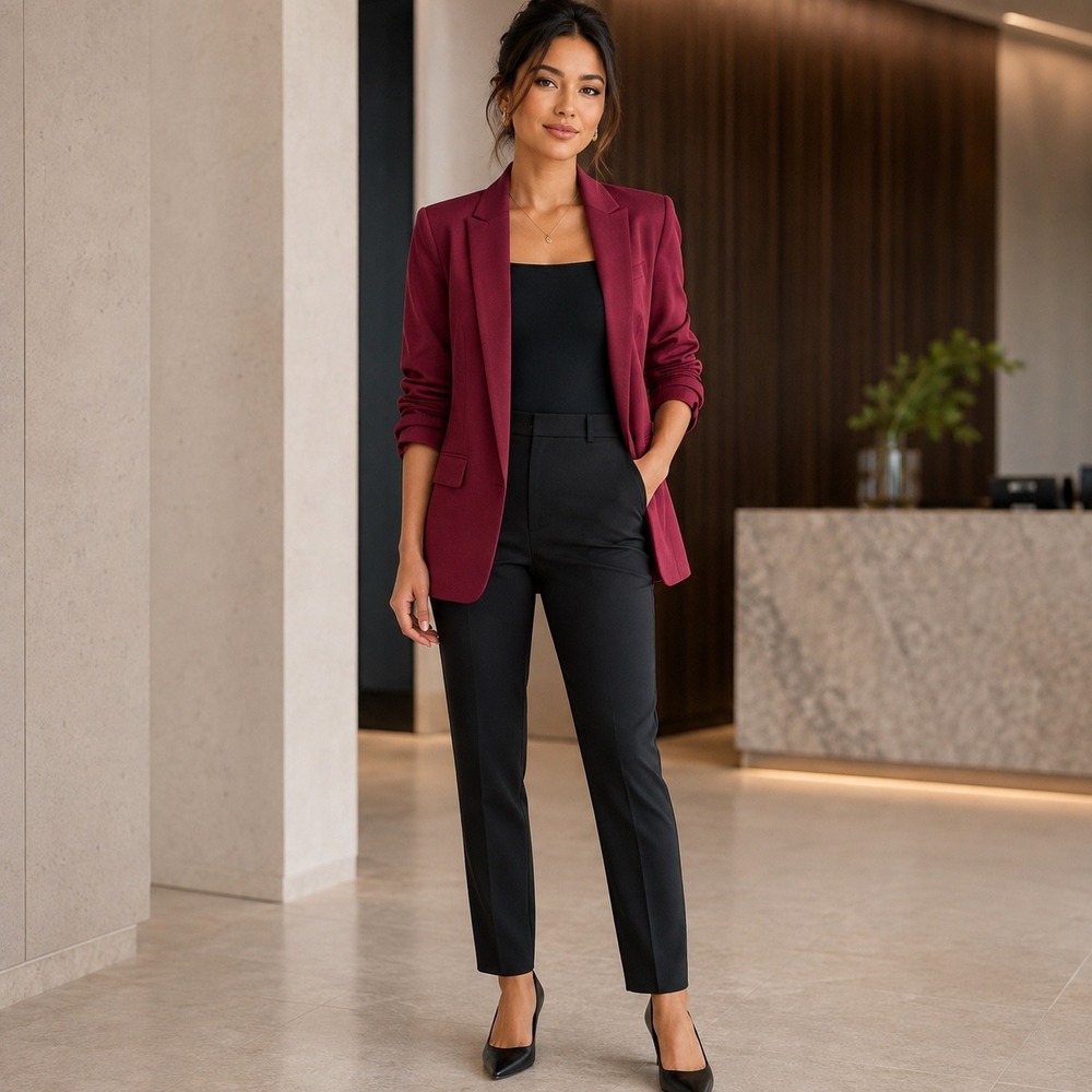 Burgundy Ruched Sleeve Blazer Office Siren Dark Academia Workwear XS Fall